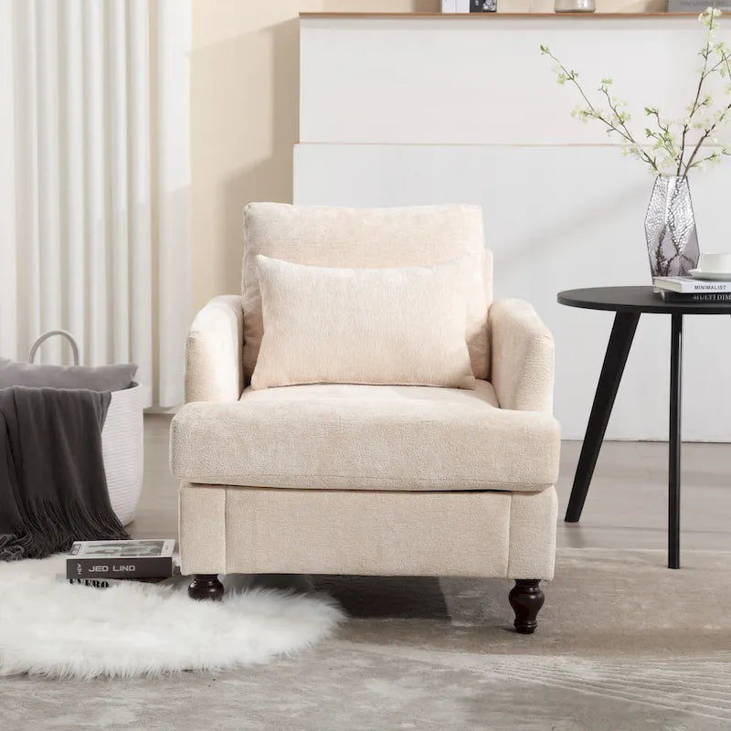 Fauteuil beige 29,53 en chenille avec cadre et coussins en bois massif