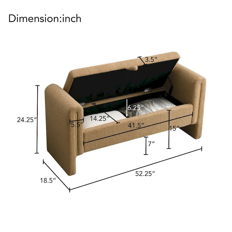 Banc de rangement en tissu Teddy moderne Athena avec accoudoirs