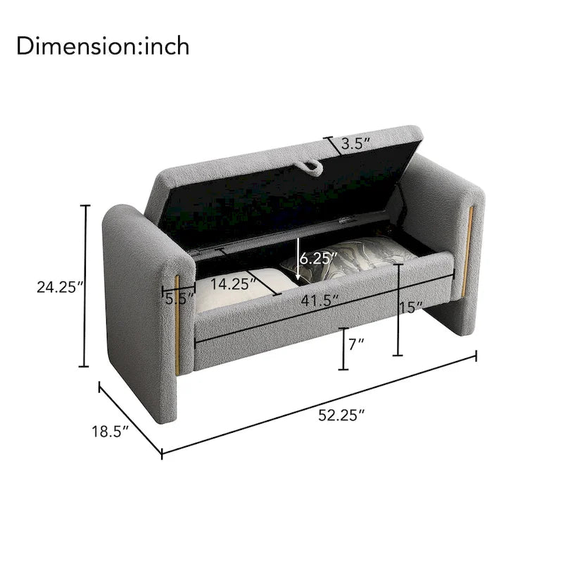 Banc de rangement en tissu Teddy moderne Athena avec accoudoirs