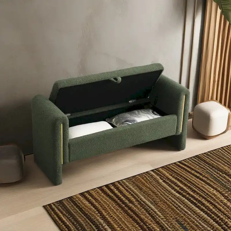Banc de rangement en tissu Teddy moderne Athena avec accoudoirs
