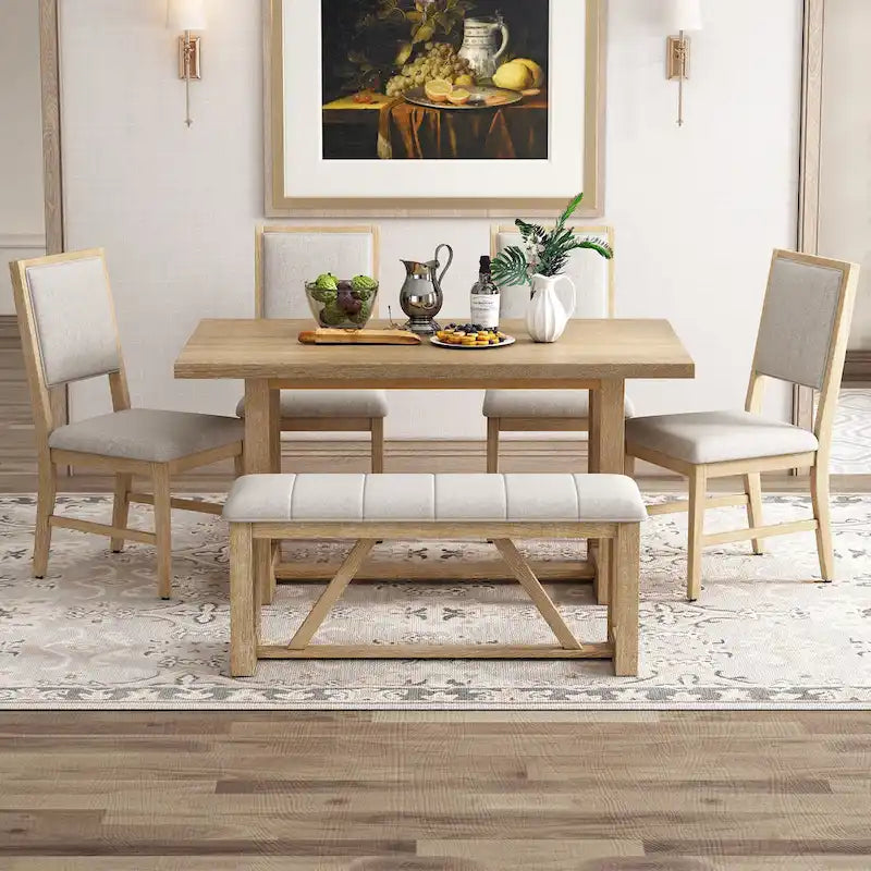 Ensemble de 6 chaises de salle à manger, ensemble de meubles de cuisine en bois avec table rectangulaire en bois d'acacia, 4 chaises et 1 banc