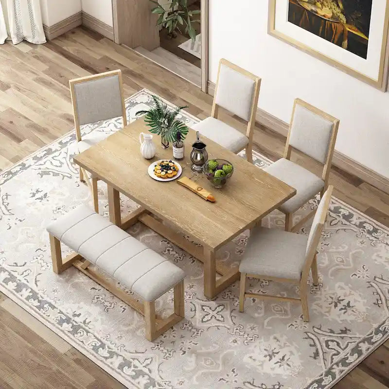 Ensemble de 6 chaises de salle à manger, ensemble de meubles de cuisine en bois avec table rectangulaire en bois d'acacia, 4 chaises et 1 banc