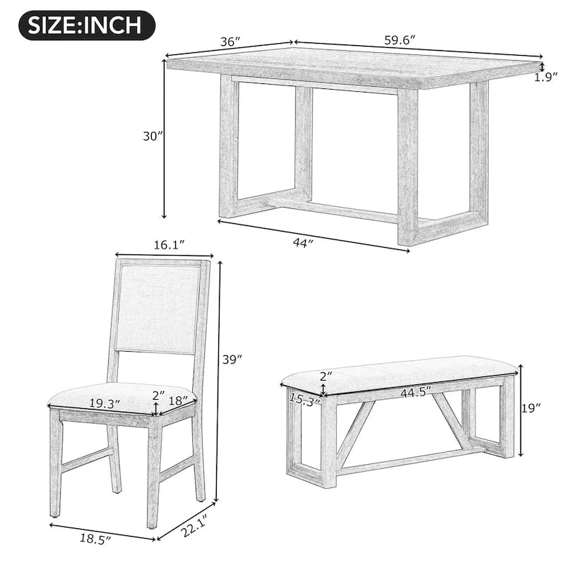 Ensemble de 6 chaises de salle à manger, ensemble de meubles de cuisine en bois avec table rectangulaire en bois d'acacia, 4 chaises et 1 banc