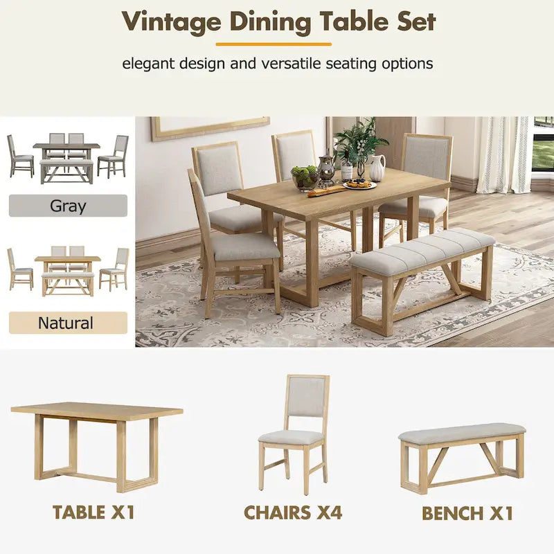 Ensemble de 6 chaises de salle à manger, ensemble de meubles de cuisine en bois avec table rectangulaire en bois d'acacia, 4 chaises et 1 banc