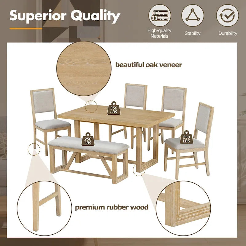 Ensemble de 6 chaises de salle à manger, ensemble de meubles de cuisine en bois avec table rectangulaire en bois d'acacia, 4 chaises et 1 banc