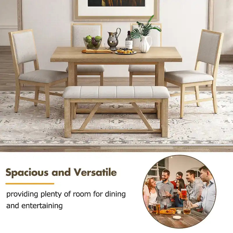 Ensemble de 6 chaises de salle à manger, ensemble de meubles de cuisine en bois avec table rectangulaire en bois d'acacia, 4 chaises et 1 banc