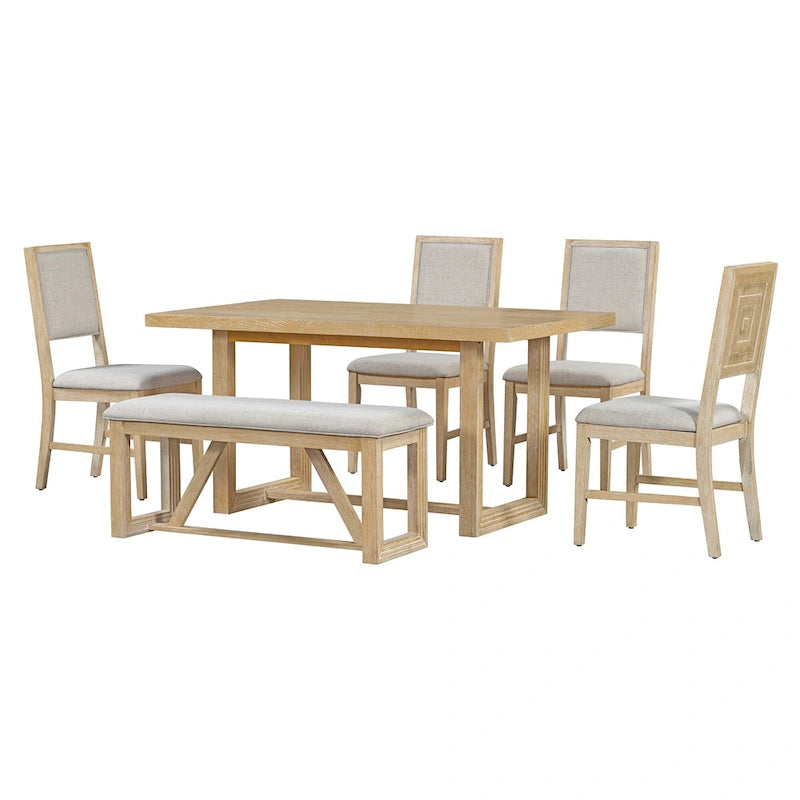 Ensemble de 6 chaises de salle à manger, ensemble de meubles de cuisine en bois avec table rectangulaire en bois d'acacia, 4 chaises et 1 banc