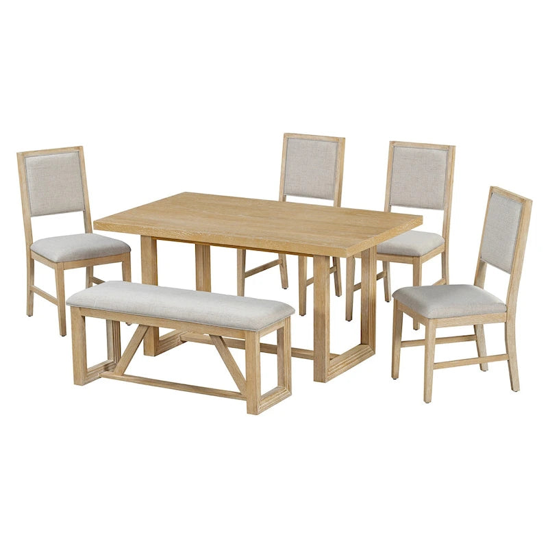 Ensemble de 6 chaises de salle à manger, ensemble de meubles de cuisine en bois avec table rectangulaire en bois d'acacia, 4 chaises et 1 banc