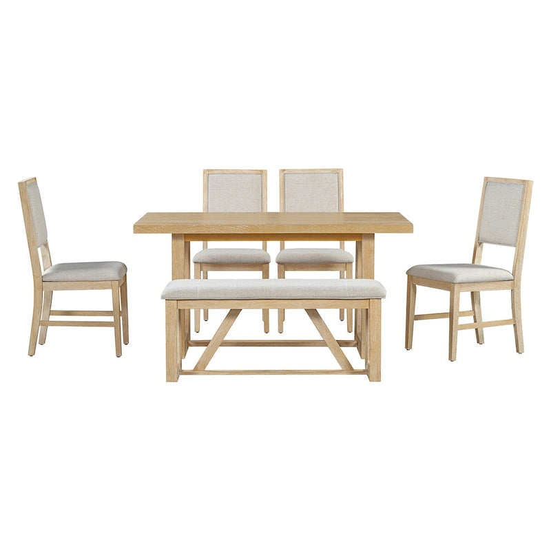 Ensemble de 6 chaises de salle à manger, ensemble de meubles de cuisine en bois avec table rectangulaire en bois d'acacia, 4 chaises et 1 banc