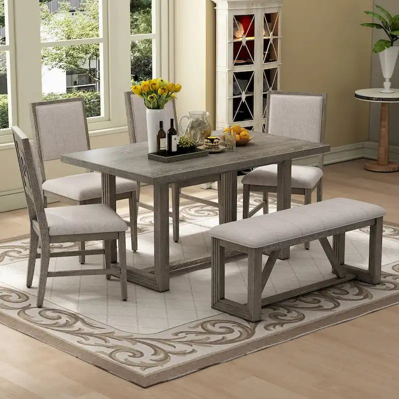 Ensemble de 6 chaises de salle à manger, ensemble de meubles de cuisine en bois avec table rectangulaire en bois d'acacia, 4 chaises et 1 banc