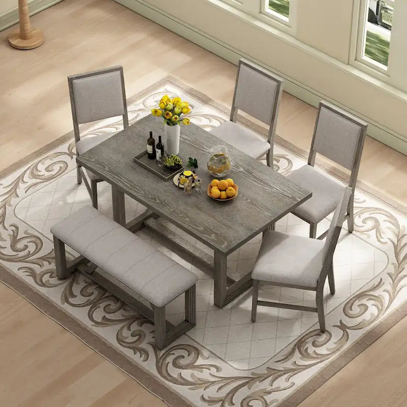 Ensemble de 6 chaises de salle à manger, ensemble de meubles de cuisine en bois avec table rectangulaire en bois d'acacia, 4 chaises et 1 banc