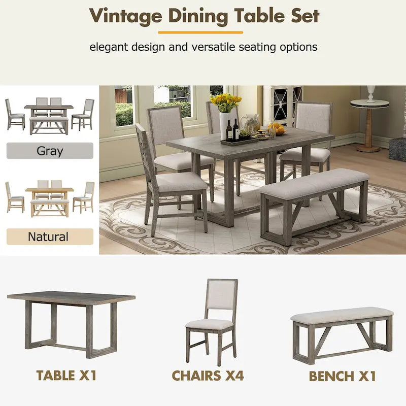 Ensemble de 6 chaises de salle à manger, ensemble de meubles de cuisine en bois avec table rectangulaire en bois d'acacia, 4 chaises et 1 banc
