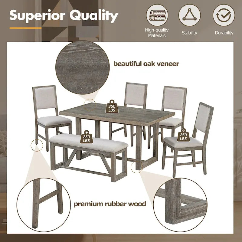 Ensemble de 6 chaises de salle à manger, ensemble de meubles de cuisine en bois avec table rectangulaire en bois d'acacia, 4 chaises et 1 banc