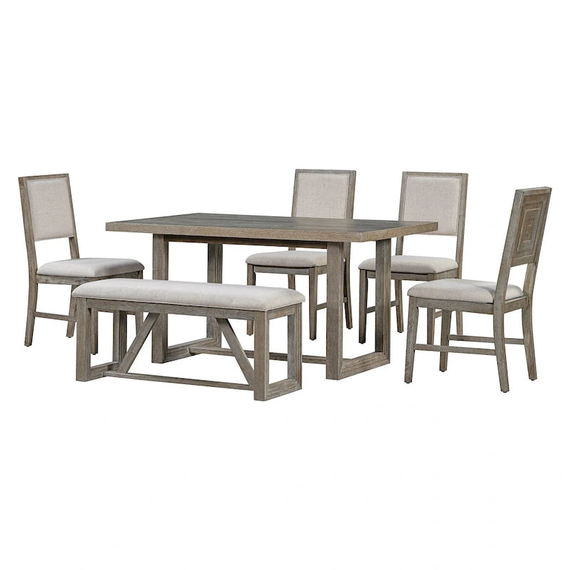 Ensemble de 6 chaises de salle à manger, ensemble de meubles de cuisine en bois avec table rectangulaire en bois d'acacia, 4 chaises et 1 banc