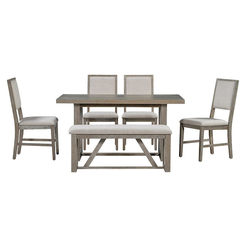 Ensemble de 6 chaises de salle à manger, ensemble de meubles de cuisine en bois avec table rectangulaire en bois d'acacia, 4 chaises et 1 banc
