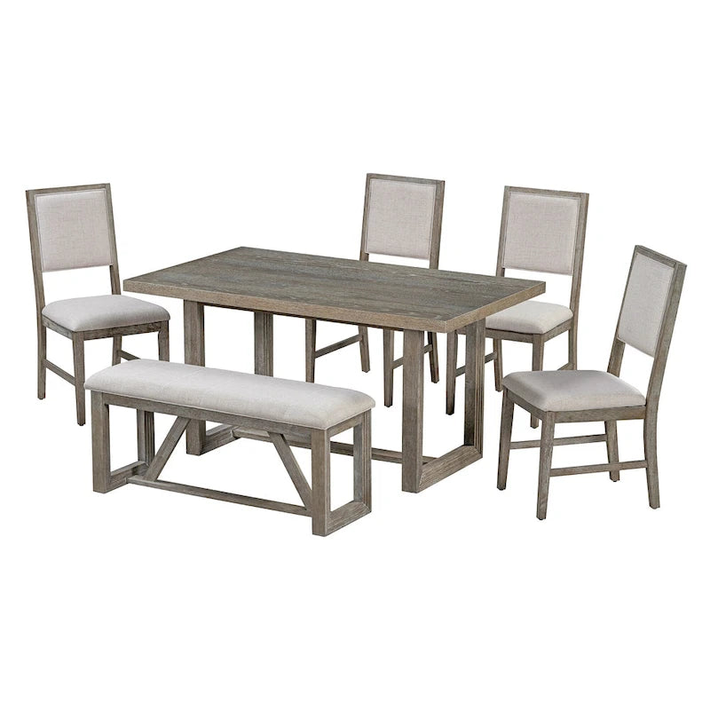 Ensemble de 6 chaises de salle à manger, ensemble de meubles de cuisine en bois avec table rectangulaire en bois d'acacia, 4 chaises et 1 banc