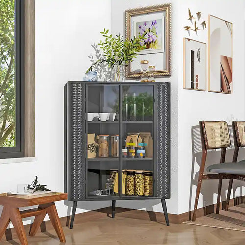 3-Tier Corner Storage Cabinet with Tempered Glass Doors, Removeable Shelves & Metal Frame, Freestanding Space-Saving Organizer