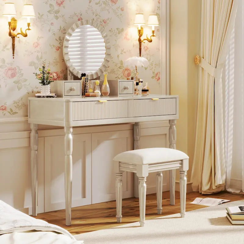Coiffeuse de luxe avec miroir rond, réglable en hauteur, élégante, 4 tiroirs et tabouret