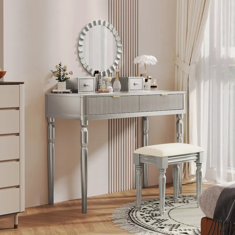 Coiffeuse de luxe avec miroir rond, réglable en hauteur, élégante, 4 tiroirs et tabouret