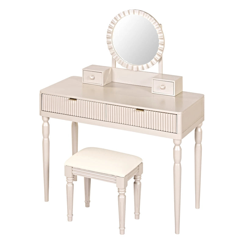 Coiffeuse de luxe avec miroir rond, réglable en hauteur, élégante, 4 tiroirs et tabouret