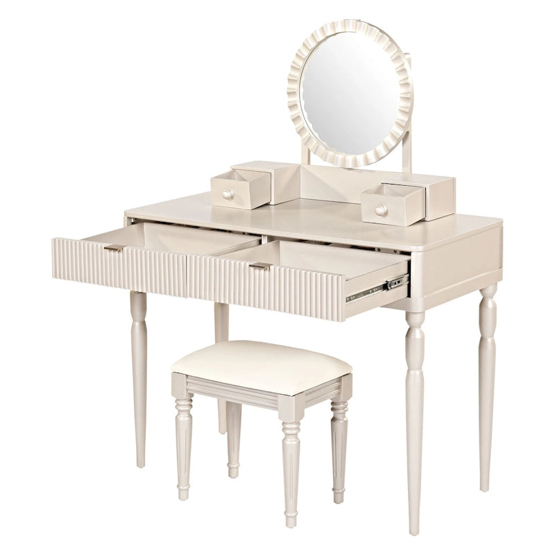 Coiffeuse de luxe avec miroir rond, réglable en hauteur, élégante, 4 tiroirs et tabouret