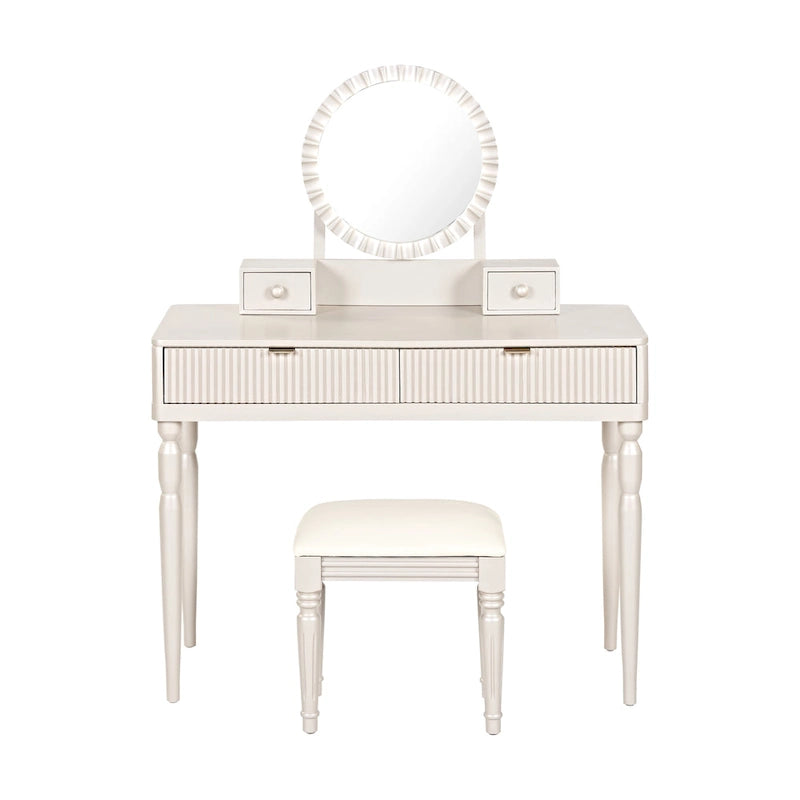 Coiffeuse de luxe avec miroir rond, réglable en hauteur, élégante, 4 tiroirs et tabouret