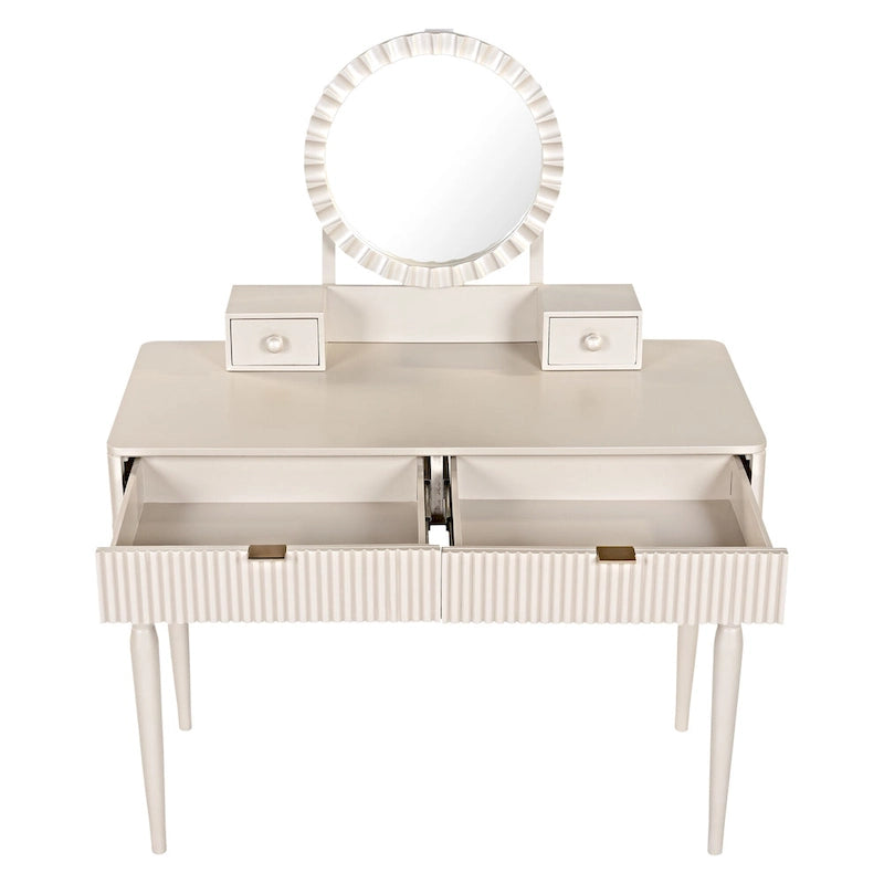 Coiffeuse de luxe avec miroir rond, réglable en hauteur, élégante, 4 tiroirs et tabouret