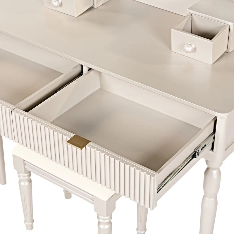 Coiffeuse de luxe avec miroir rond, réglable en hauteur, élégante, 4 tiroirs et tabouret