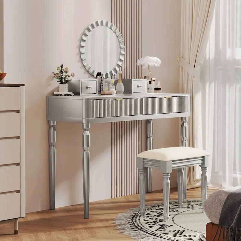 Coiffeuse de luxe avec miroir rond, réglable en hauteur, élégante, 4 tiroirs et tabouret
