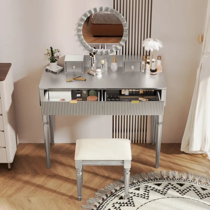 Coiffeuse de luxe avec miroir rond, réglable en hauteur, élégante, 4 tiroirs et tabouret