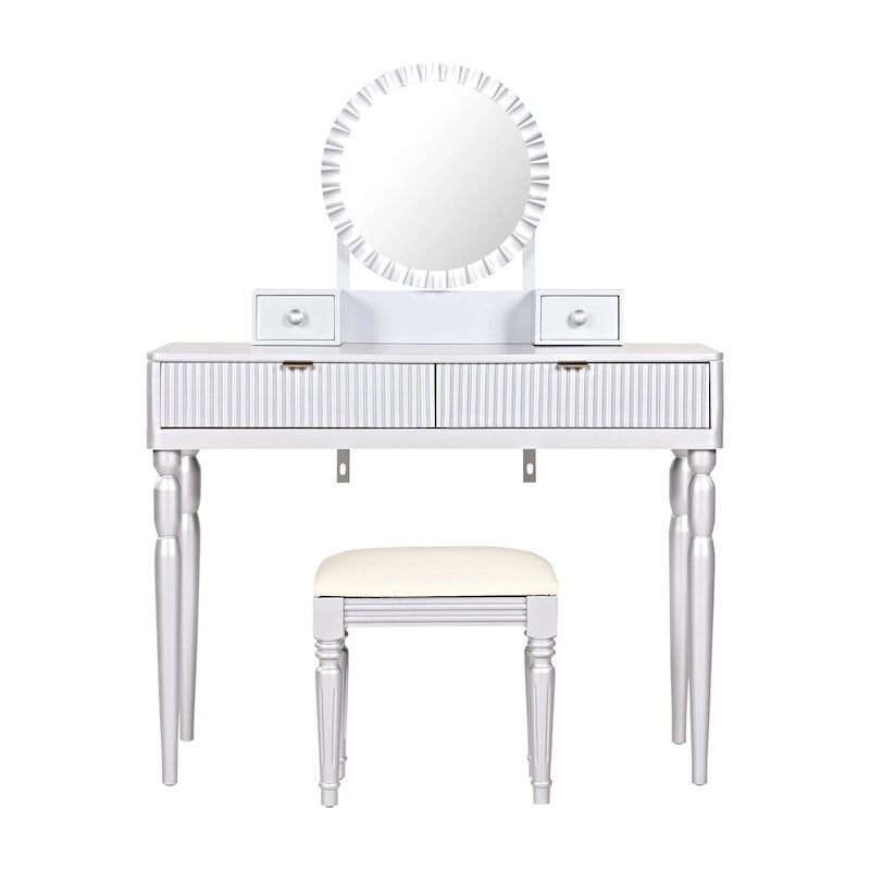 Coiffeuse de luxe avec miroir rond, réglable en hauteur, élégante, 4 tiroirs et tabouret