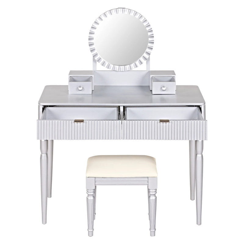 Coiffeuse de luxe avec miroir rond, réglable en hauteur, élégante, 4 tiroirs et tabouret