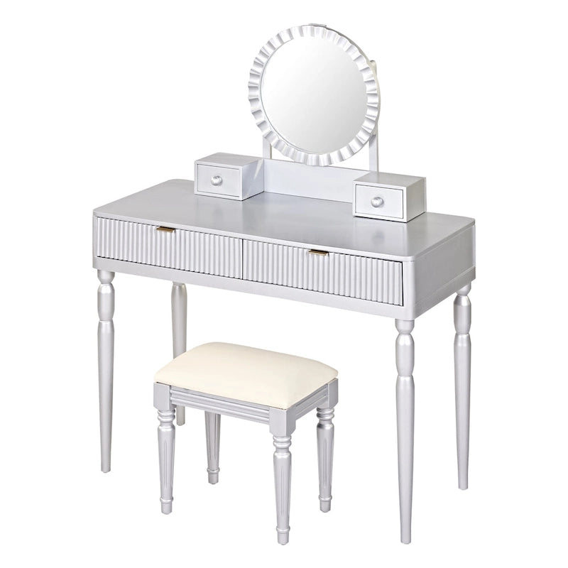 Coiffeuse de luxe avec miroir rond, réglable en hauteur, élégante, 4 tiroirs et tabouret