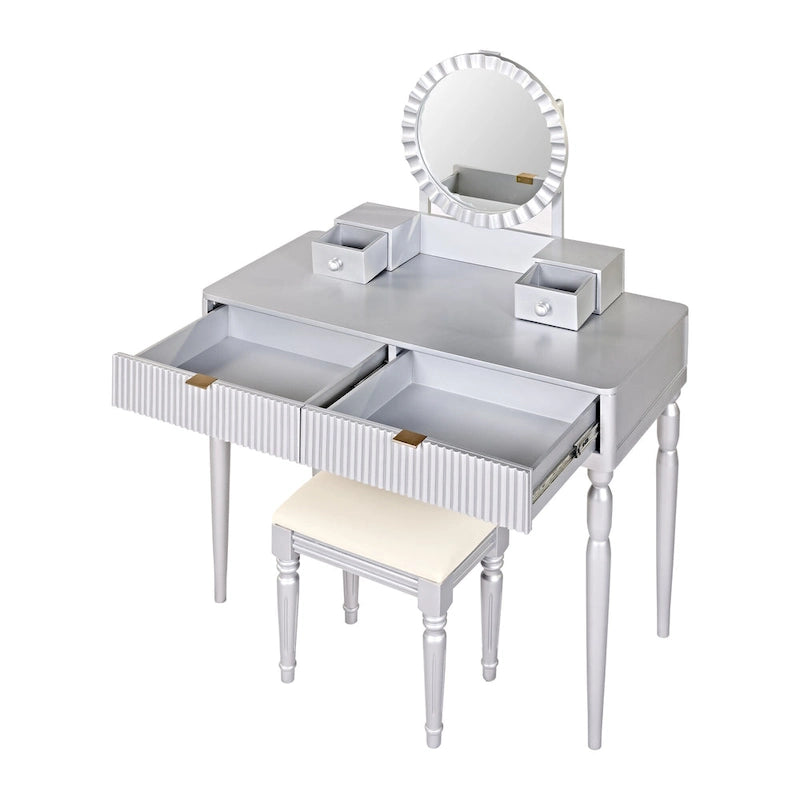 Coiffeuse de luxe avec miroir rond, réglable en hauteur, élégante, 4 tiroirs et tabouret