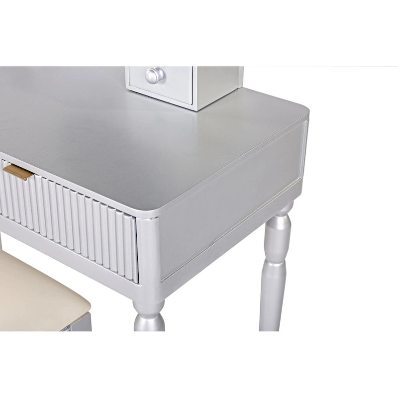 Coiffeuse de luxe avec miroir rond, réglable en hauteur, élégante, 4 tiroirs et tabouret