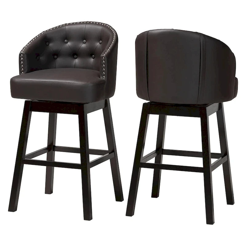 Tabouret de bar pivotant touffeté en similicuir marron moderne et contemporain Avril avec garniture cloutée