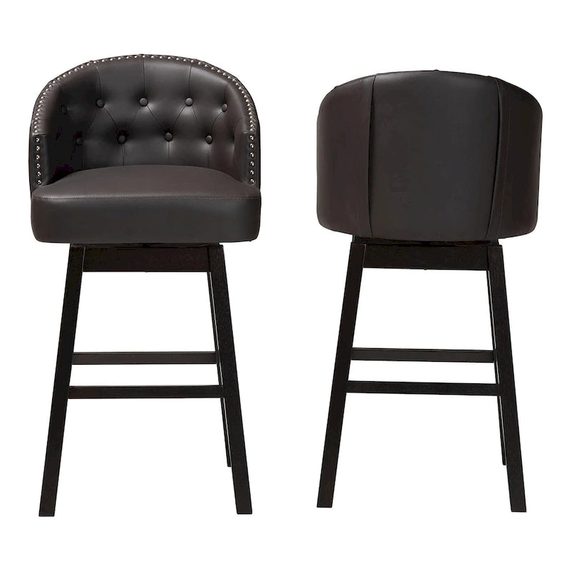 Tabouret de bar pivotant touffeté en similicuir marron moderne et contemporain Avril avec garniture cloutée