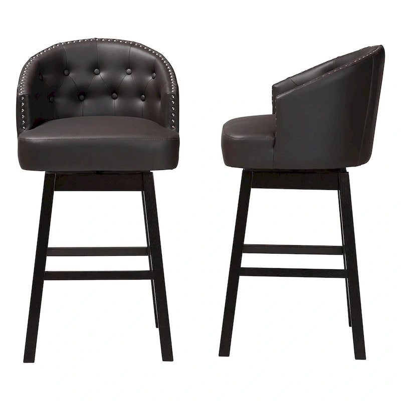 Tabouret de bar pivotant touffeté en similicuir marron moderne et contemporain Avril avec garniture cloutée