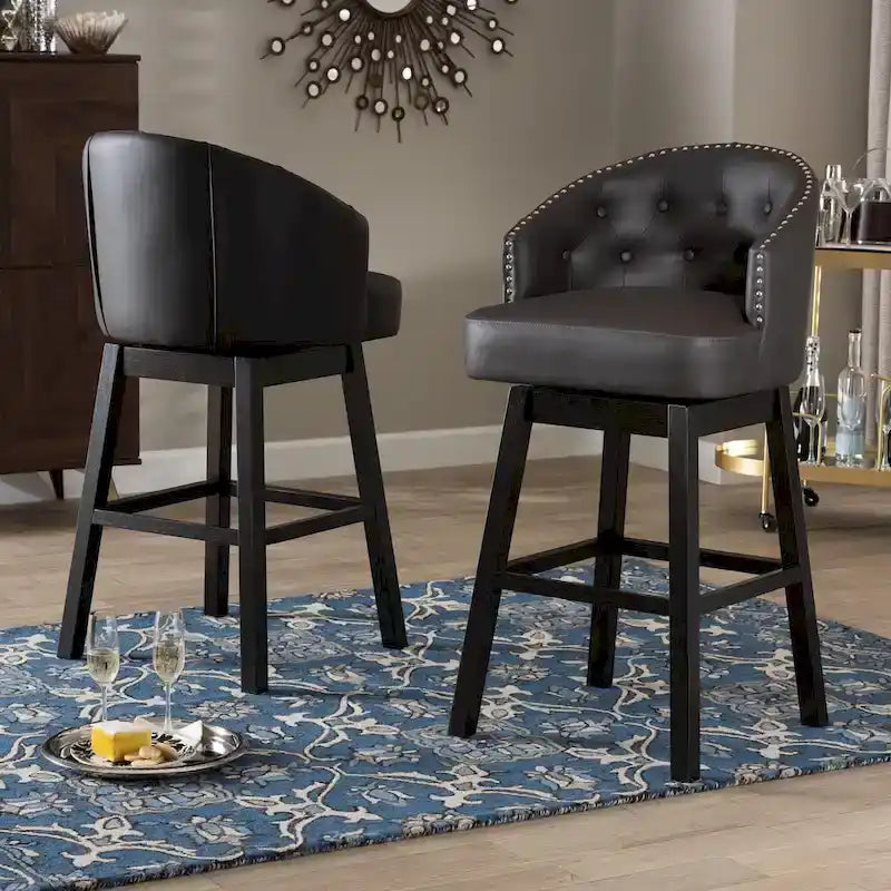 Tabouret de bar pivotant touffeté en similicuir marron moderne et contemporain Avril avec garniture cloutée
