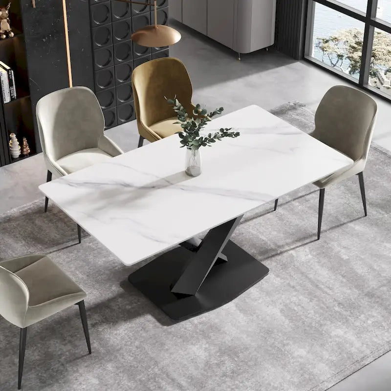 63Table à manger moderne, plateau en pierre frittée blanche avec base en acier Moran Violet - N/A