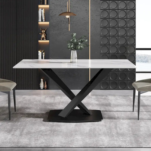 63Table à manger moderne, plateau en pierre frittée blanche avec base en acier Moran Violet - N/A