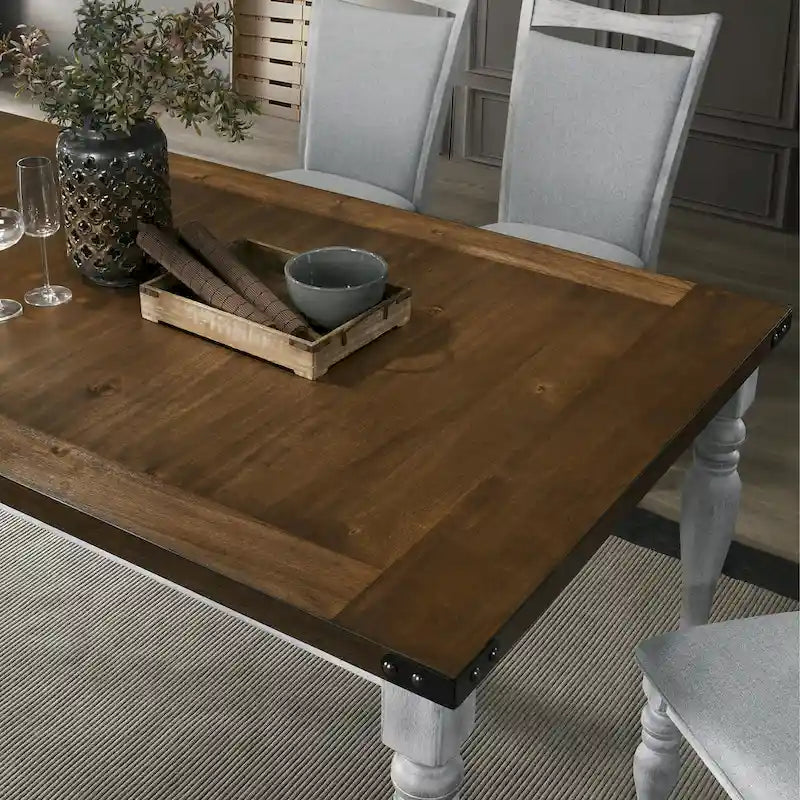 Table de salle à manger Salines avec 6 chaises rembourrées, blanc rustique et chêne