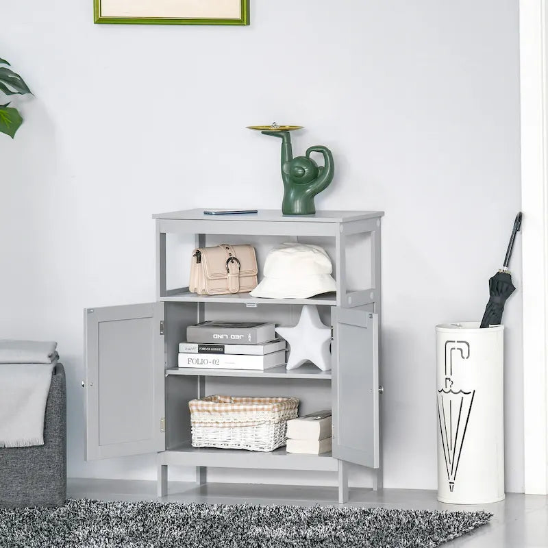 Meuble de rangement de salle de bain moderne sur pied, avec portes et étagère ouverte, mobilier de rangement pour salle de bain, gris