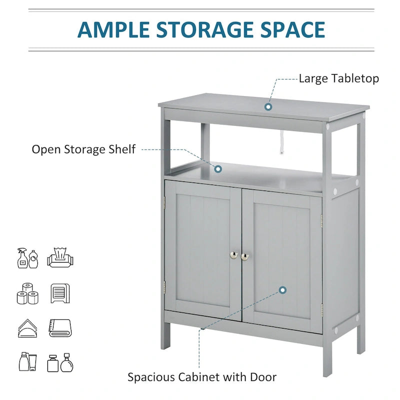 Meuble de rangement de salle de bain moderne sur pied, avec portes et étagère ouverte, mobilier de rangement pour salle de bain, gris