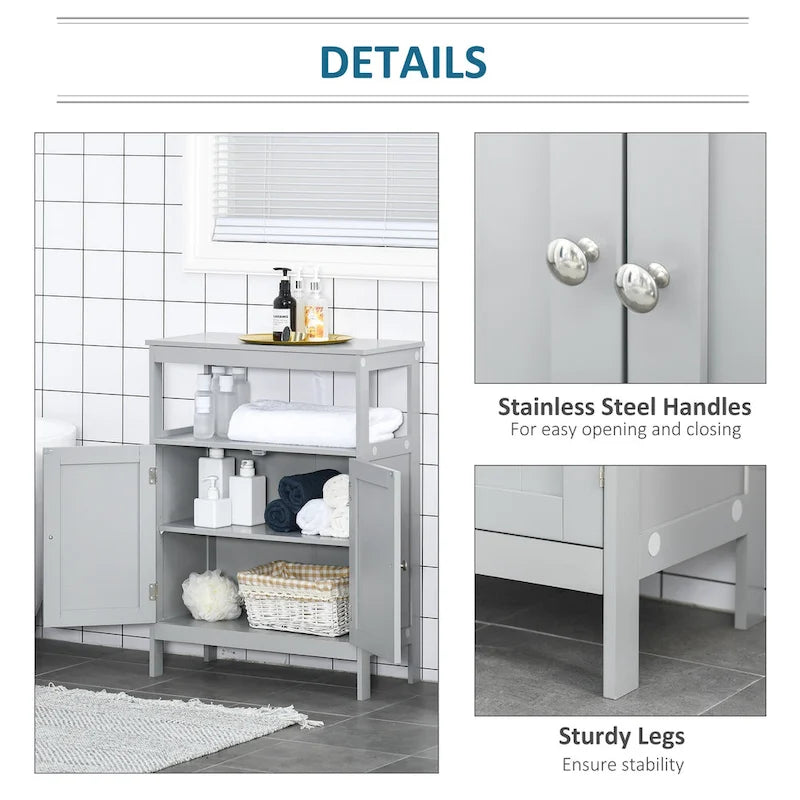 Meuble de rangement de salle de bain moderne sur pied, avec portes et étagère ouverte, mobilier de rangement pour salle de bain, gris