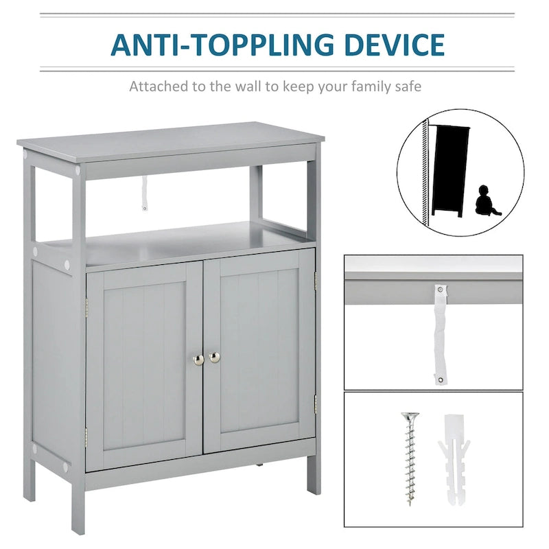 Meuble de rangement de salle de bain moderne sur pied, avec portes et étagère ouverte, mobilier de rangement pour salle de bain, gris