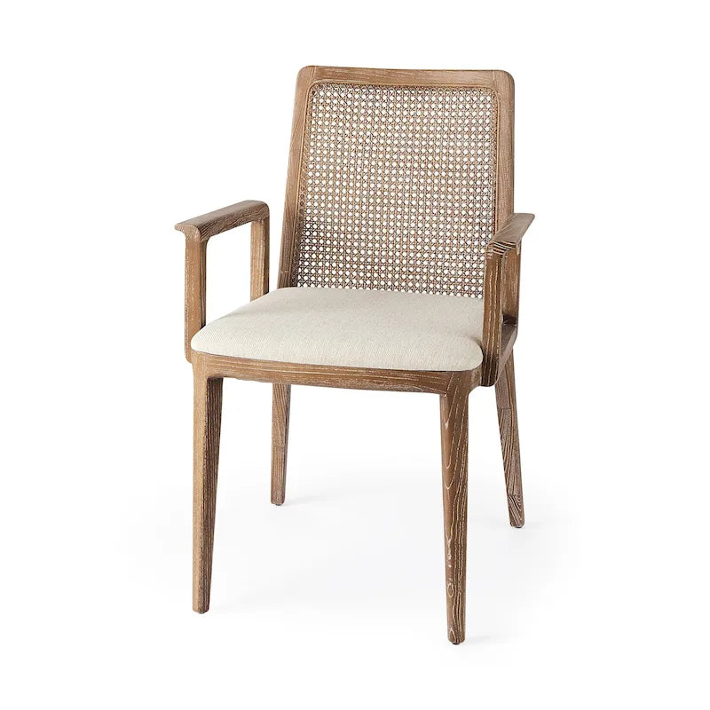 Chaise de salle à manger Clara en tissu crème avec dossier en cannage et structure en bois massif marron clair