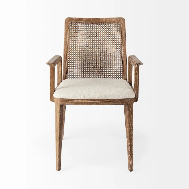 Chaise de salle à manger Clara en tissu crème avec dossier en cannage et structure en bois massif marron clair
