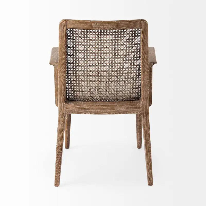 Chaise de salle à manger Clara en tissu crème avec dossier en cannage et structure en bois massif marron clair