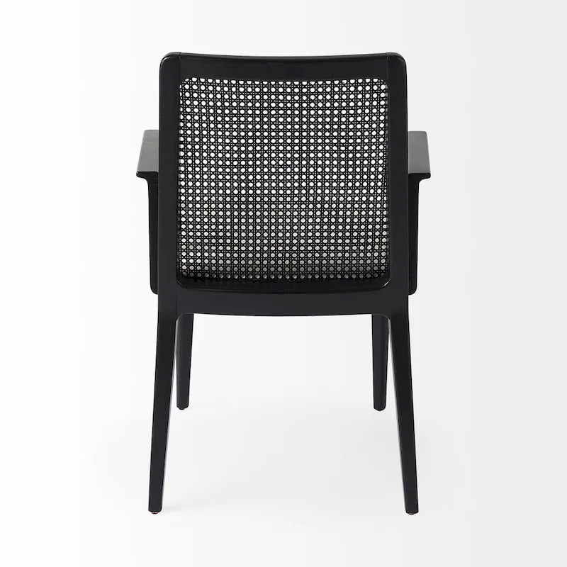 Chaise de salle à manger Clara en tissu crème avec dossier en cannage et structure en bois massif marron clair